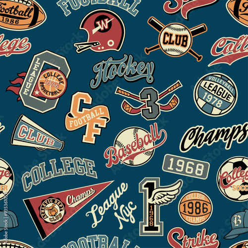 College athletic department sporting elements patchwork vintage vector seamless pattern for children kid wear fabric t shirt sweatshirt pajamas