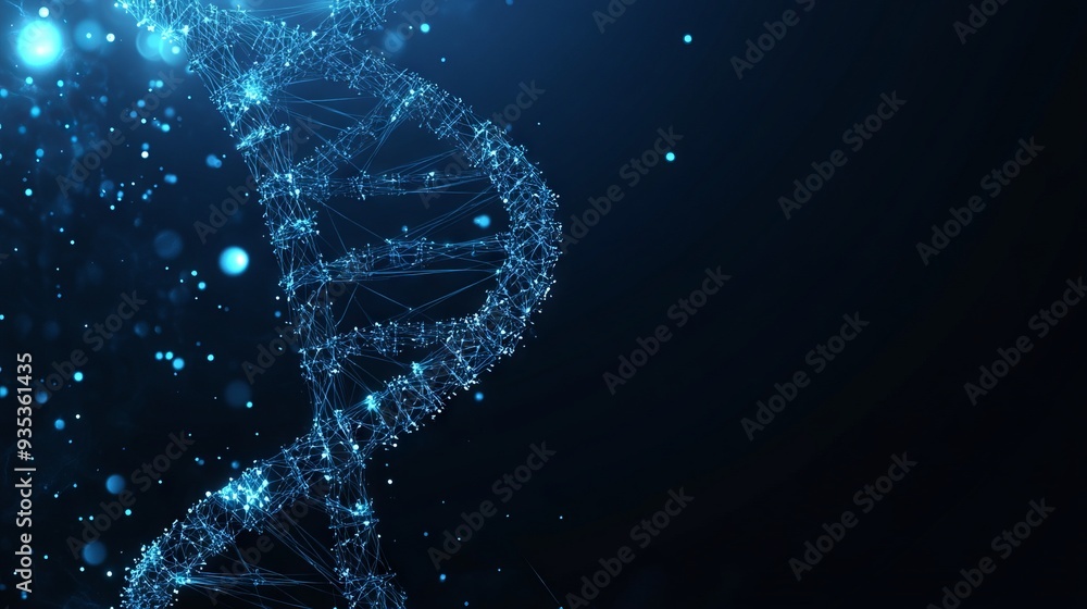 DNA with polygon line with dark blue background. Science background. Low poly wireframe with lines, dots and glowing particles DNA with polygon line with dark blue background. Science background. Low poly wireframe with lines, dots and glowing particles