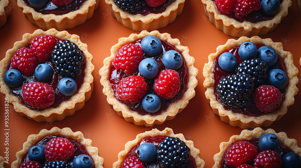 An array of small tarts decorated with various berries, arranged on a surface with an orange background. An array of small tarts decorated with various berries, arranged on a surface with an orange background.