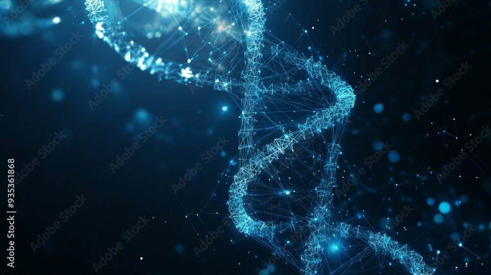 DNA with polygon line with dark blue background. Science background. Low poly wireframe with lines, dots and glowing particles DNA with polygon line with dark blue background. Science background. Low poly wireframe with lines, dots and glowing particles