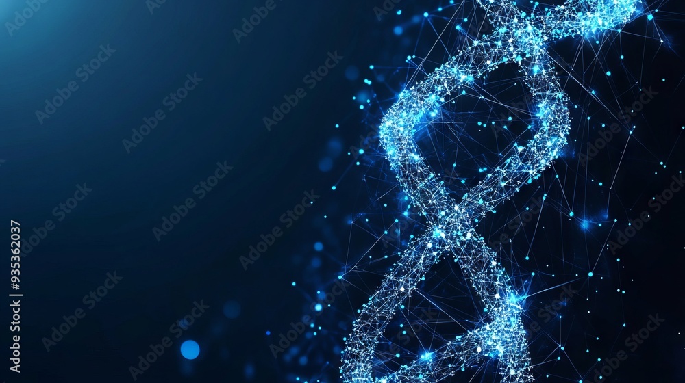DNA with polygon line with dark blue background. Science background. Low poly wireframe with lines, dots and glowing particles DNA with polygon line with dark blue background. Science background. Low poly wireframe with lines, dots and glowing particles