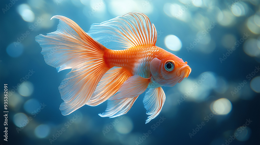 A beautiful photo of a golden fish swimming gracefully in a blue background. A beautiful photo of a golden fish swimming gracefully in a blue background.