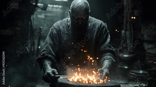 A ghostly blacksmith with glowing embers