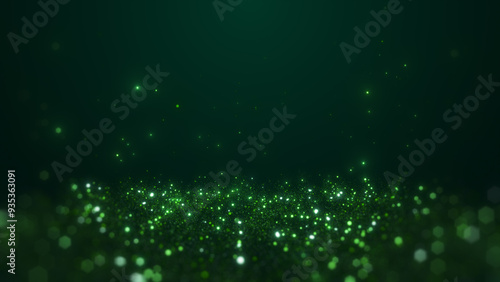 A vibrant abstract image featuring a field of glowing green particles against a dark background.