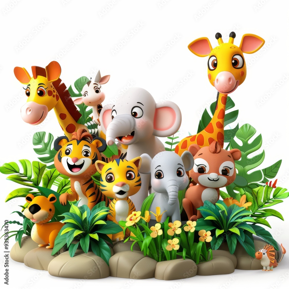 Naklejka premium Cartoon 3D wildlife conservation scene with animals in their natural habitat Isolated white background