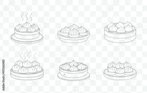 Print Dim Sum Line Art Vector Set Featuring a Variety of Traditional Chinese Dumplings and Steamed Dishes in Intricate Detail