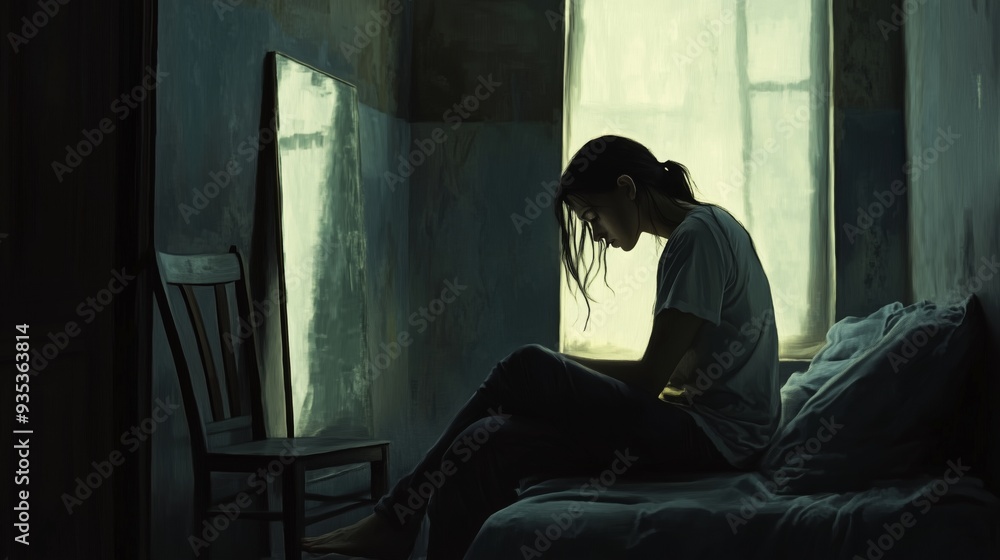 A weary woman sits on her bed, her reflection showing loneliness and despair in a dim room.