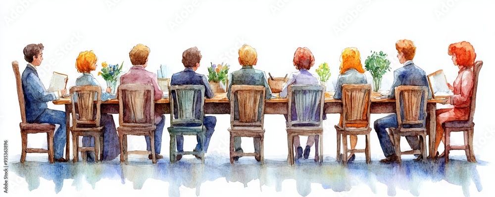 Watercolor painting of people sitting at a table for a meal. Watercolor painting of people sitting at a table for a meal.