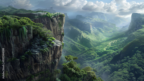 a plateau mountain with rugged cliffs and a lush, green valley