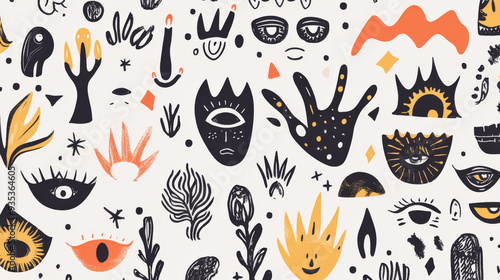 A group of cool, unique, hand-drawn doodles. There are pictures of faces, eyes, plants, curves, shapes, things, crowns, and stars. They can be used to make designs.