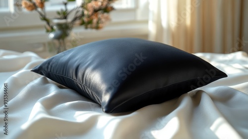 Black pillow mockup on a white bedspread backgroun  205 bed, room, furniture, pillow, interior, hotel, bedroom, home, sofa, design, luxury, comfortable, house, cushion, decoration, couch, chair, indoo photo