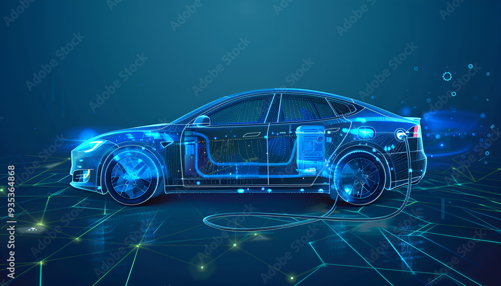 transformer and electric car on a blue background, elements are highlighted transformer and electric car on a blue background, elements are highlighted