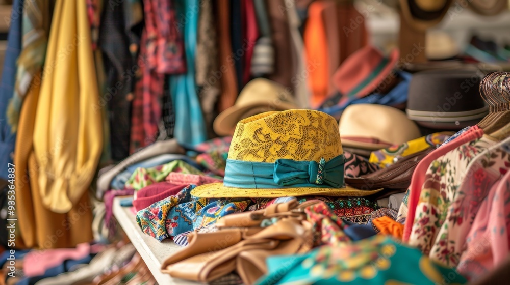 Fototapeta premium Yellow Hat On A Shelf Of Clothing.