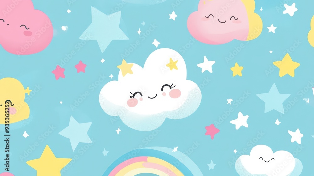 A whimsical pattern featuring smiling clouds, stars, and a rainbow on a light blue background. A whimsical pattern featuring smiling clouds, stars, and a rainbow on a light blue background.