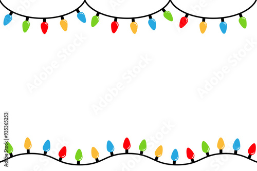 Christmas lights set. Lightbulb glowing garland line frame. Colorful string round fairy light. Cartoon holiday festive xmas decoration. Rainbow color. Flat design. White background. Isolated. Vector