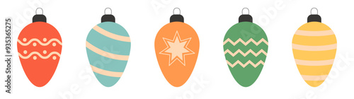 Christmas ball set. Christmas tree toy decoration. Different color, pattern. Cute colorful round bauble toy collection. Happy New Year sign symbol. Flat design. Isolated White background. Vector