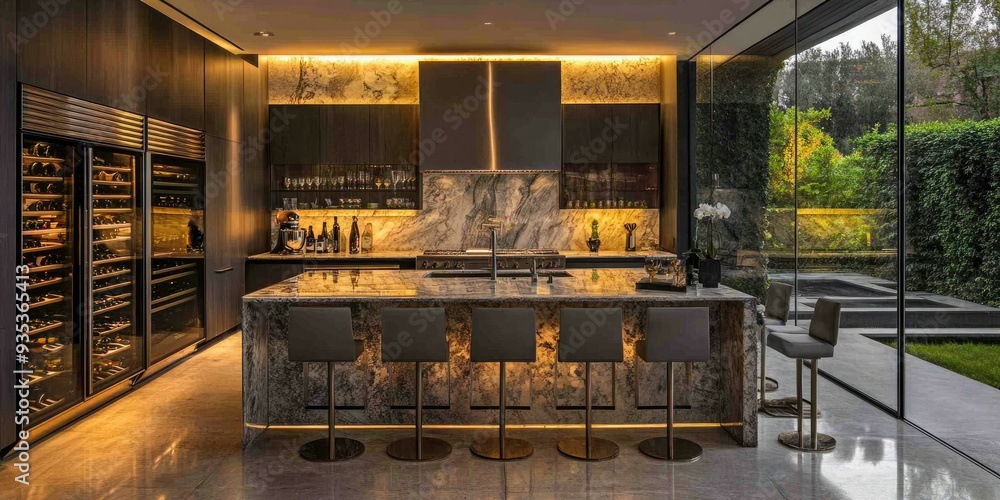 Modern kitchen with wine cellar, island, and patio view. Modern kitchen with wine cellar, island, and patio view.