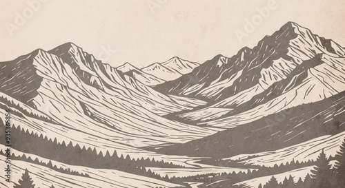 Mountain landscape. Vector graphics. Logo design for use in graphics. T-shirt print, tattoo design. Minimalist illustration for printing on wall decorations. Vintage grunge old .