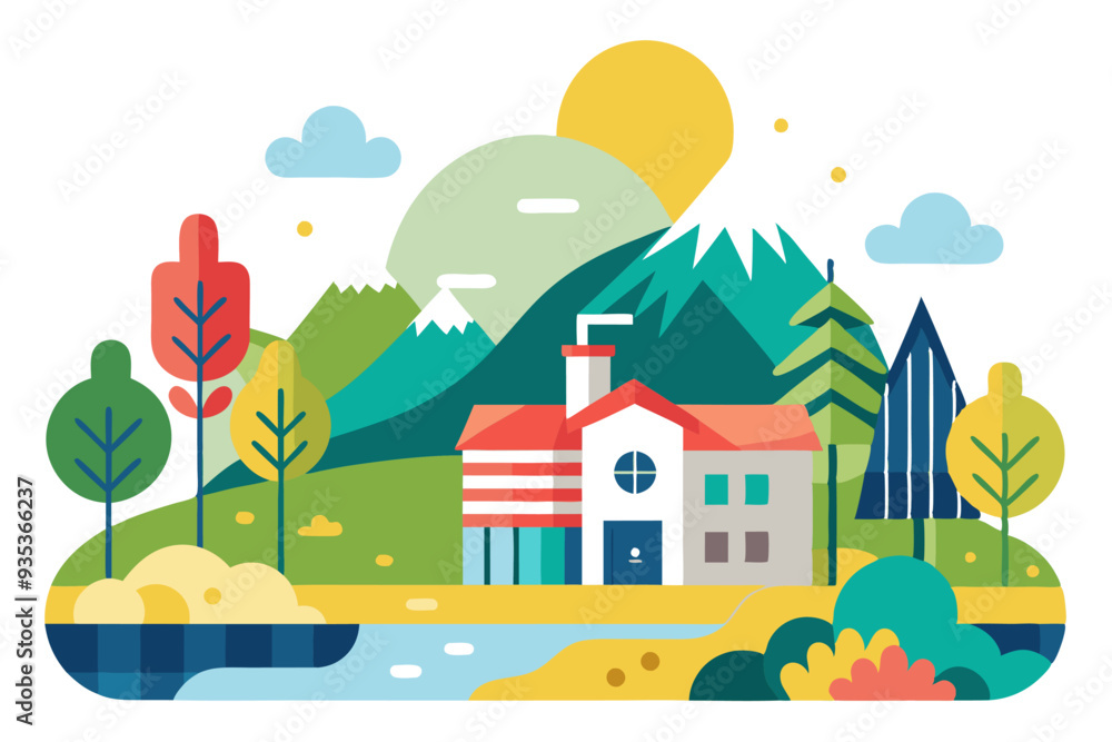 Fototapeta premium A Simple Illustration of a House and Mountain Landscape