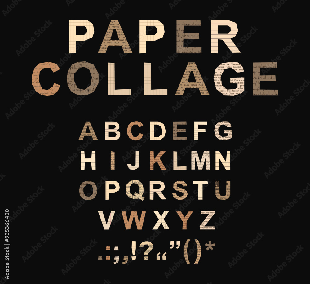 Alphabet Letters cut out of pieces of paper for Collages. Cuts of old newspapers, books, notebooks and copybook for scrapbooking. Note Font with text, linear and grid pattern in vintage colors. Alphabet Letters cut out of pieces of paper for Collages. Cuts of old newspapers, books, notebooks and copybook for scrapbooking. Note Font with text, linear and grid pattern in vintage colors.