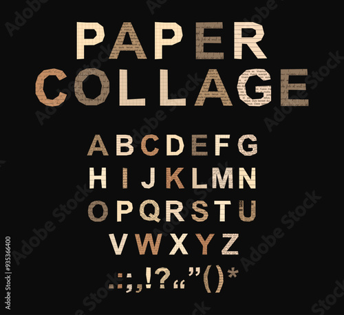 Alphabet Letters cut out of pieces of paper for Collages. Cuts of old newspapers, books, notebooks and copybook for scrapbooking. Note Font with text, linear and grid pattern in vintage colors.