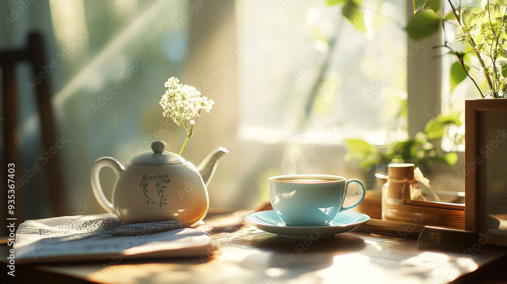 Fototapeta premium Start your day with a warm cup of tea, creating a cozy and inviting atmosphere.