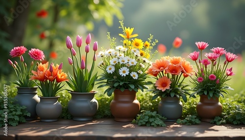 Beautiful flowers in elegant vases and pots, surrounded by lush greenery. A perfect decoration for a garden or terrace, creating a peaceful and harmonious atmosphere