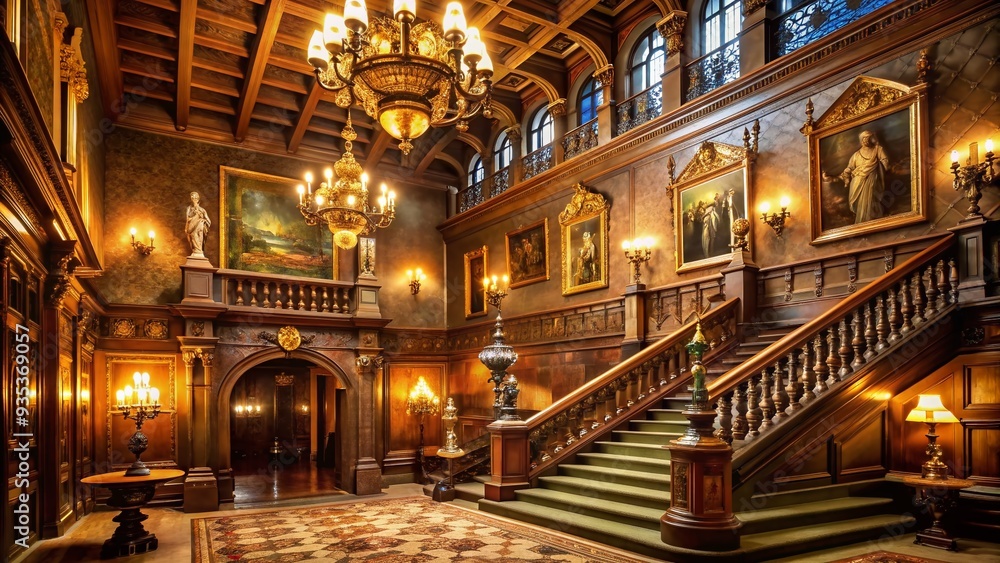 Obraz premium A majestic, dimly lit hall with intricately designed walls and a grand staircase, adorned with bronze plaques and gleaming trophies, celebrating legendary achievements.
