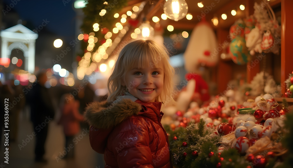 a close-up portrait of a little girl standing next to a stand with Christmas decorations a close-up portrait of a little girl standing next to a stand with Christmas decorations