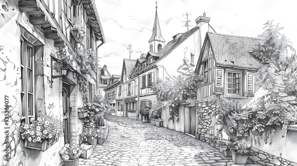 Obraz premium A detailed pencil drawing of a charming European village, with narrow cobblestone streets, flower boxes on windowsills, and a church steeple rising above the rooftops.