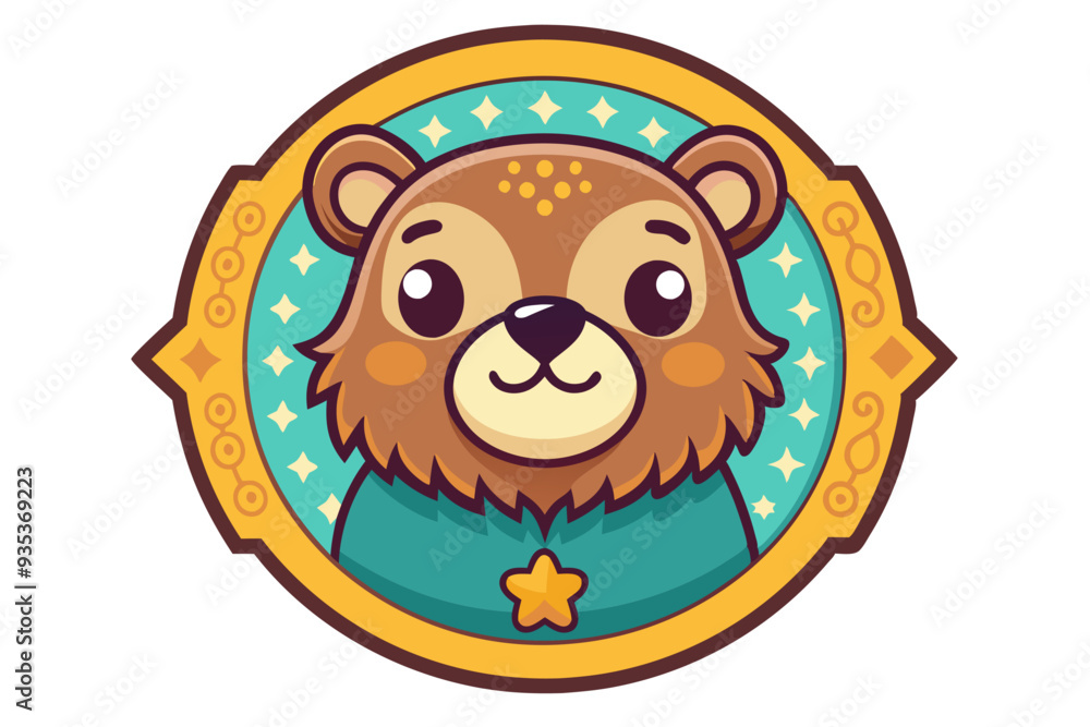Fototapeta premium Cartoon Bear with Green Shirt and a Star in a Decorative Frame