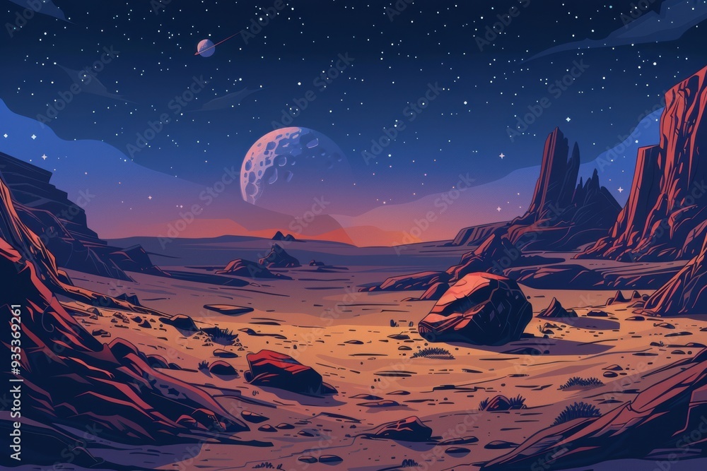 Fototapeta premium Nighttime Desert Landscape with Large Moon and Stars
