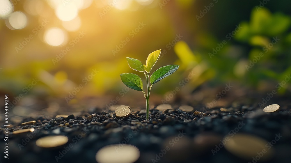 Investment ideas for success Coins and small trees on the ground outdoor nature blurred background Investment ideas for success Coins and small trees on the ground outdoor nature blurred background