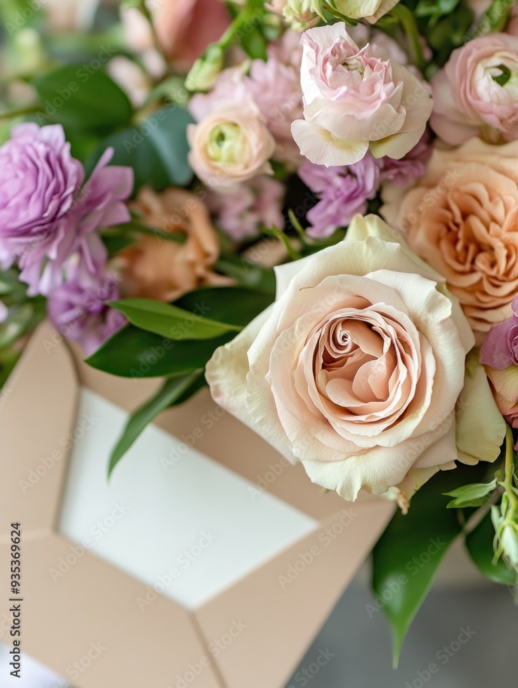 A beautiful arrangement of pastel flowers with a decorative envelope. A beautiful arrangement of pastel flowers with a decorative envelope.
