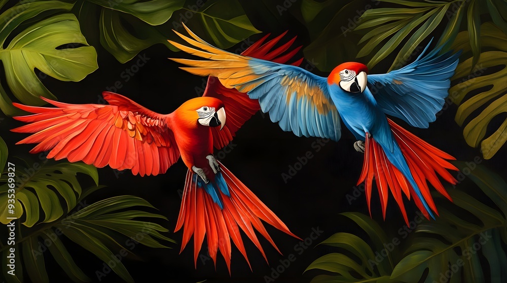Parrots in flight, tropical setting, colorful wings, lush foliage, dynamic composition Parrots in flight, tropical setting, colorful wings, lush foliage, dynamic composition