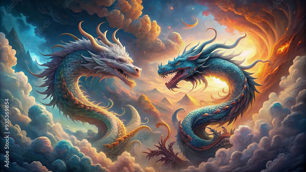 A majestic dragon and fierce beast emerge from a swirling vortex of watercolor hues, surrounded by misty clouds and delicate, intertwined botanical elements. A majestic dragon and fierce beast emerge from a swirling vortex of watercolor hues, surrounded by misty clouds and delicate, intertwined botanical elements.