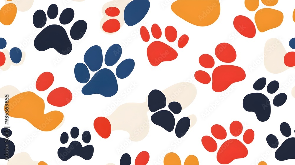 Fototapeta premium Paw prints pattern, bright diverse colors, seamless repeat