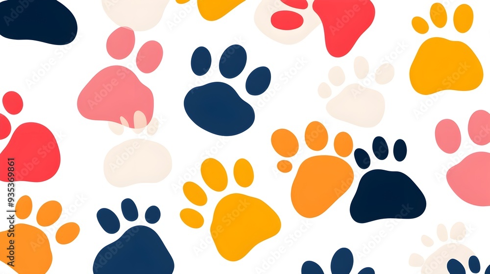 Paw prints pattern, bright diverse colors, seamless repeat Paw prints pattern, bright diverse colors, seamless repeat