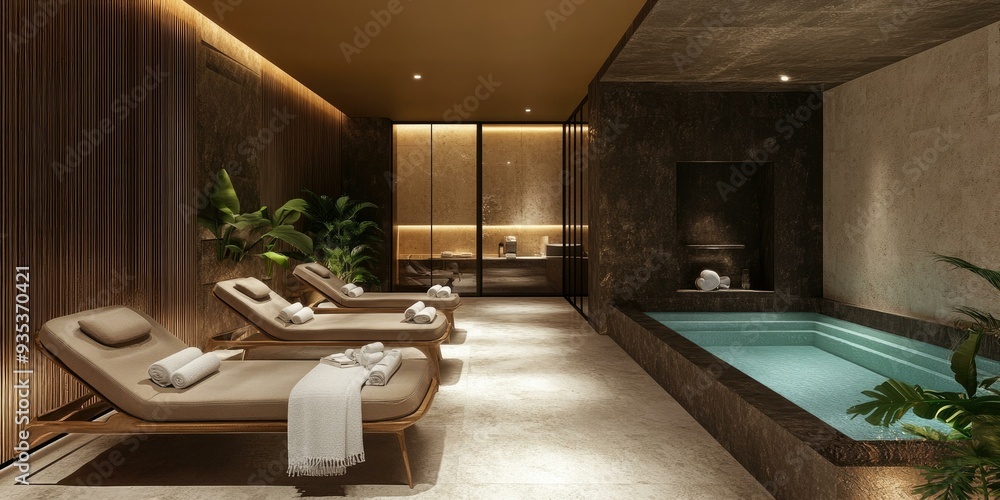 Spa room with lounge chairs and a pool. Spa room with lounge chairs and a pool.