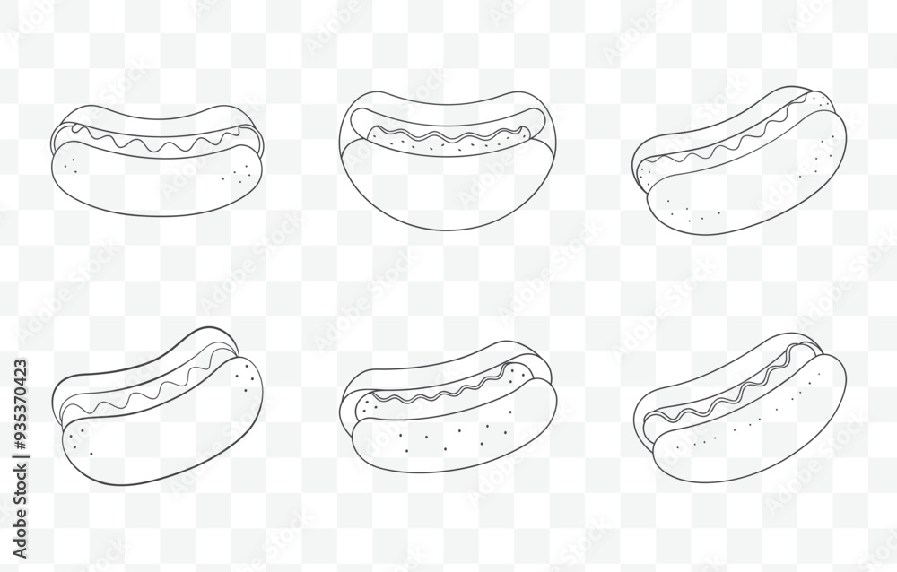 Print Chili Dog Line Art Vector Set with Detailed Illustrations of Hot Dogs in Different Styles Print Chili Dog Line Art Vector Set with Detailed Illustrations of Hot Dogs in Different Styles