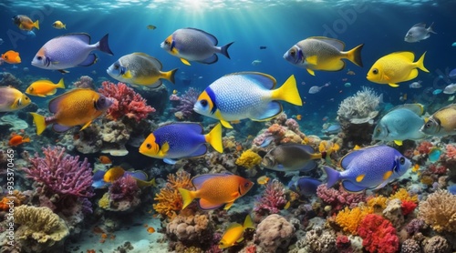 Colorful Fish Swarming Around Vibrant Coral Reef with Shining Su