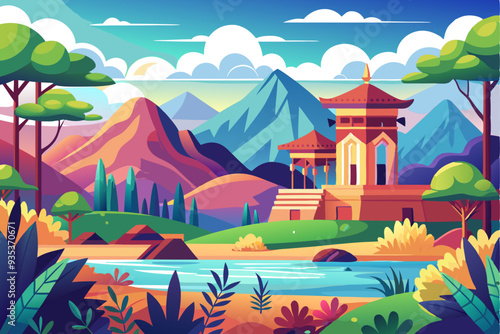 Colorful Mountain Landscape with Ancient Temple and River