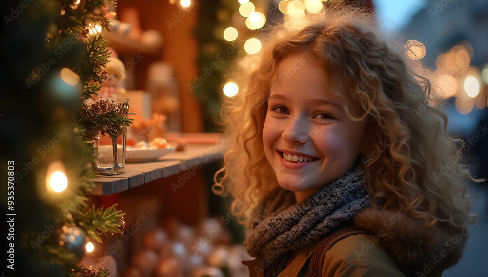 a close-up portrait of a little girl standing next to a stand with Christmas decorations a close-up portrait of a little girl standing next to a stand with Christmas decorations