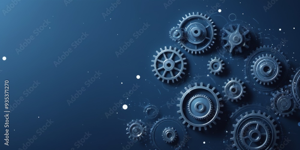 Futuristic digital illustration of scattered gears and cogs on a Futuristic digital illustration of scattered gears and cogs on a