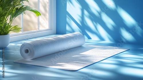 White yoga mat mockup with a calm blue gradient ba  4 window, interior, home, room, house, architecture, office, design, business, glass, view, nobody, empty, building, desk, light, luxury, wall, comp photo