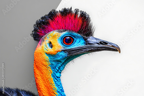 A close-up of a colorful cassowary showcasing its vibrant feathers and distinctive features. photo