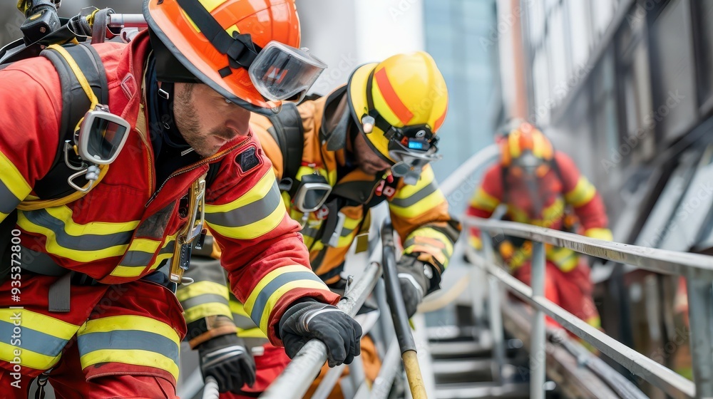 Rescue team evacuating a smoke-filled building, safety operation Rescue team evacuating a smoke-filled building, safety operation