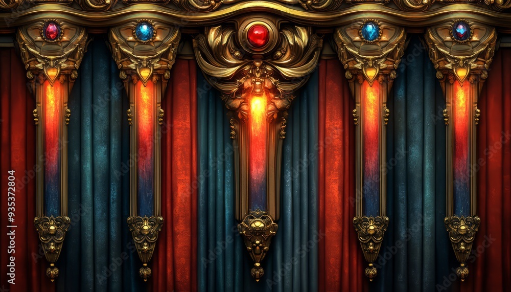 Fototapeta premium Ornate Golden Candelabras with Red and Blue Curtains