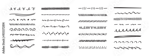 Set of hand drawn marker strokes, underlines.Collection of doodle style various strips. Art lines.Isolated on white.Vector illustration