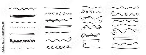 Set of hand drawn marker strokes, underlines.Collection of doodle style various strips. Art lines.Isolated on white.Vector illustration